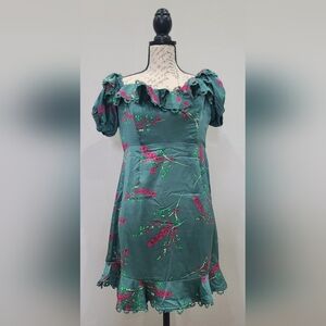 Selfie Leslie Teal Green Floral Ruffle Mini Dress with Pink Accents